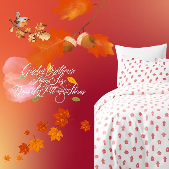 Garnet Hill 2 pc Twin Duvet Cover w 1 Standard Pillow Sham Garden Birdhouse - Picture 1 of 3